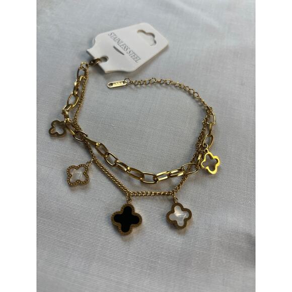 Four Leaf Clover Titanium Steel Gold Plated Double Chain Bracelet 9" - Picture 6 of 6